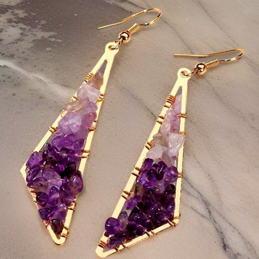 New Amethyst Gold Natural Stones Beaded Geometric Dangle‎ Earrings quartz agate